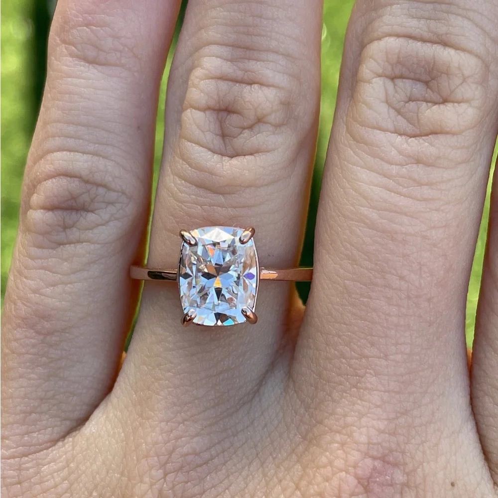 2ct Moissanite 10kt Rose Gold elongated Cushion cut Solitaire Ring